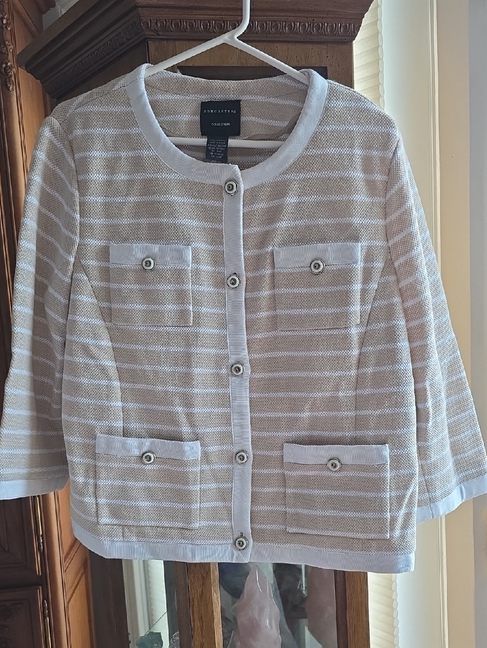 Doncaster Collection Cream and White Striped Knit Jacket Sweater